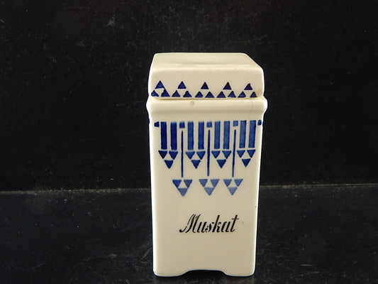 ANTICO BARATTOLO SPEZIE CERAMICA NOCE MOSCATA CUCINA ART DECO 1900 BIANCO BLU