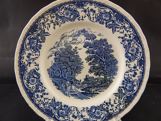 CERAMICA VINTAGE PIATTO ROYAL TUDOR WARE OLDE ENGLAND STAMPA A MANO BIANCO BLU