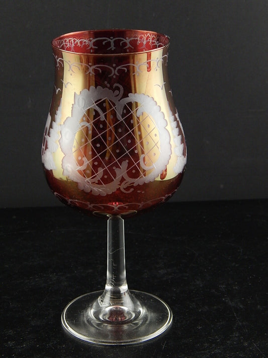ANTICO BICCHIERE CALICE CRISTALLO ROSSO RUBINO INCISO ALL'ACIDO BOEMIA