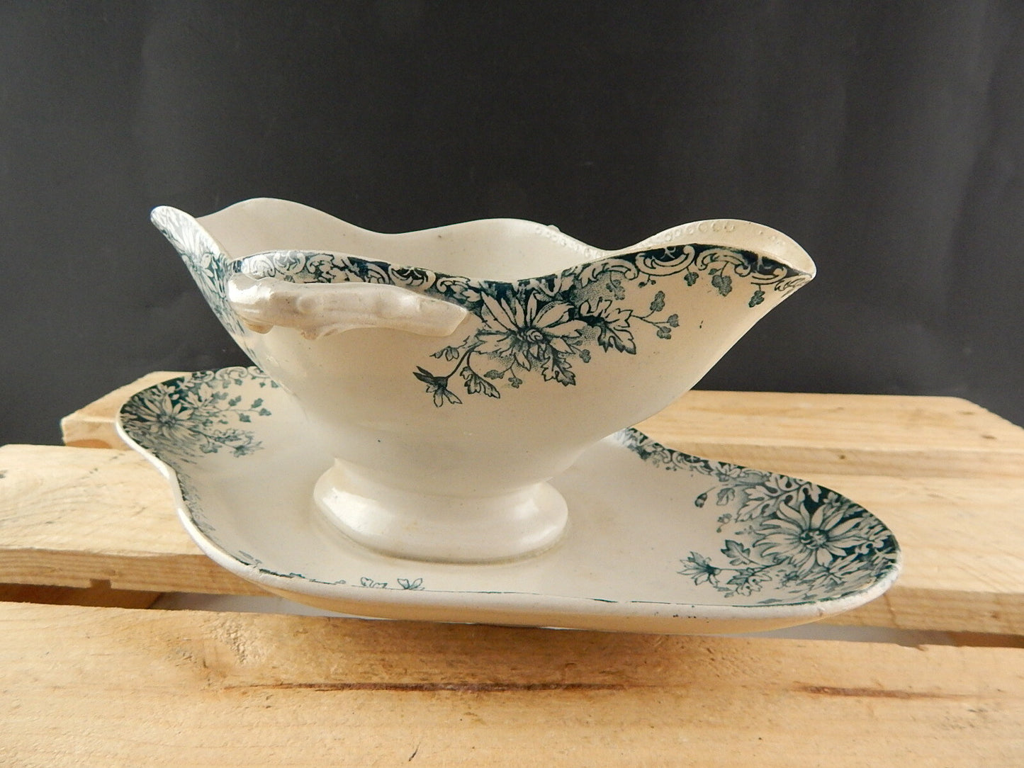 ANTICA 1886 ART NOUVEAU SALSIERA PORCELLANA OPACA GIEN FIORI AUTUNNO