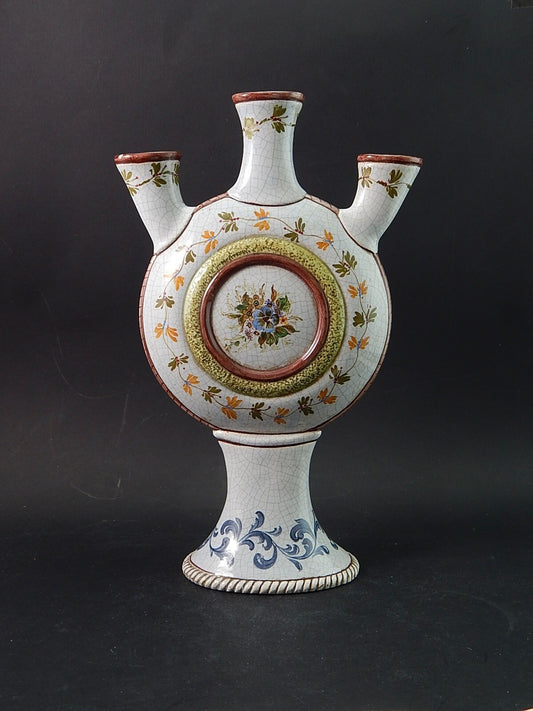 ANTICO RARISSIMO VASO TULIPANIERA CERAMICA MAIOLICA ITALIANA DIPINTO POLICROMO