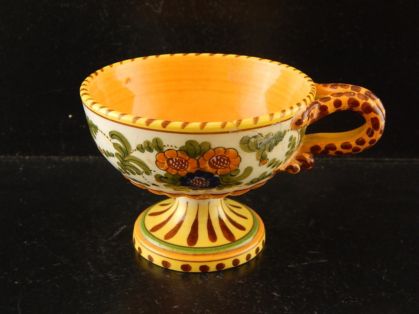 ANTICA TAZZA MAIOLICA CERAMICA POLICROMA FANTECHI ANSA A SERPE PRIMO 900 #8905