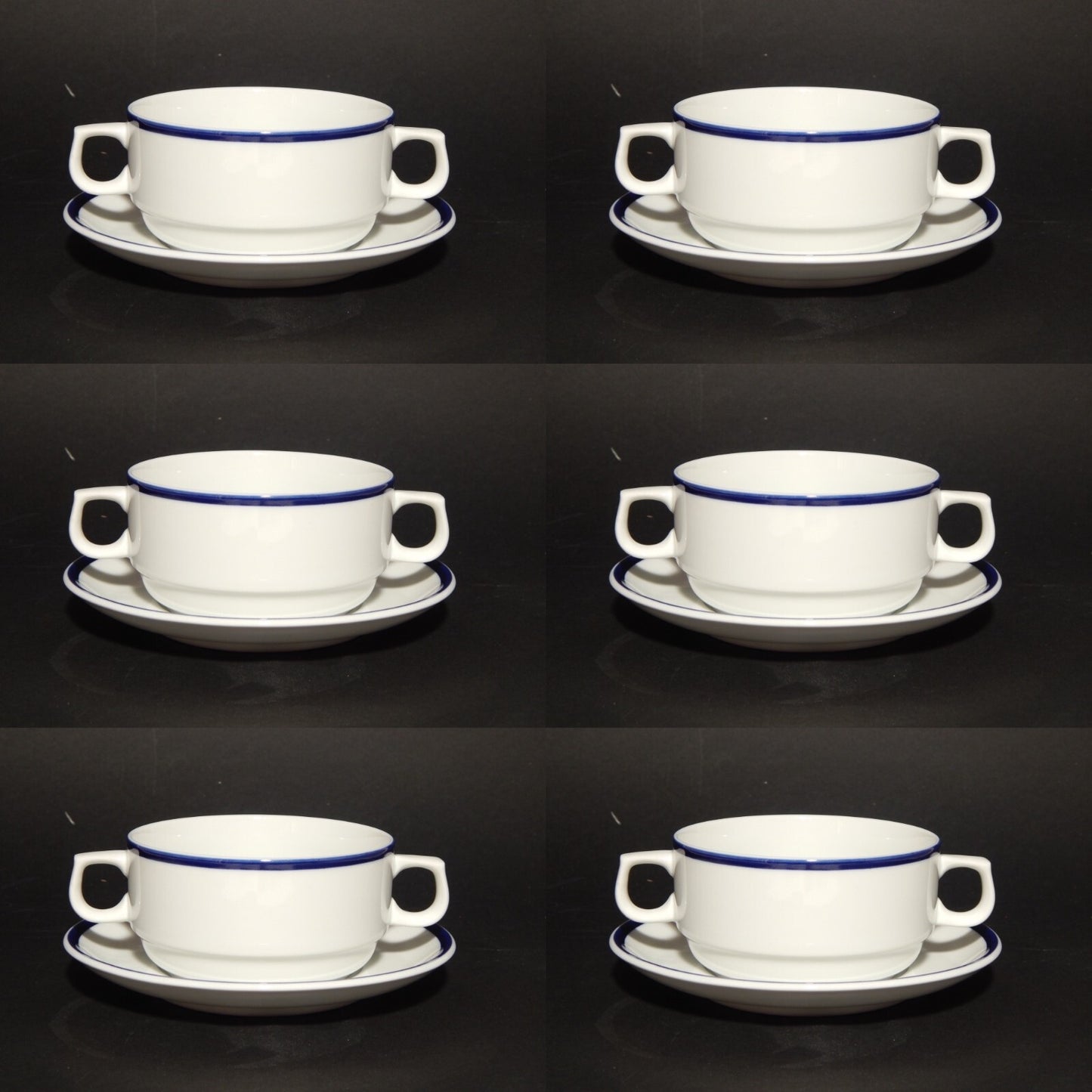 VINTAGE SERVIZIO 6 TAZZE BRODO PORCELLANA BIANCA PROFILO BLU G BENEDIKT GROUP