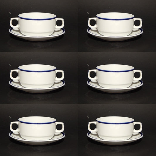 VINTAGE SERVIZIO 6 TAZZE BRODO PORCELLANA BIANCA PROFILO BLU G BENEDIKT GROUP