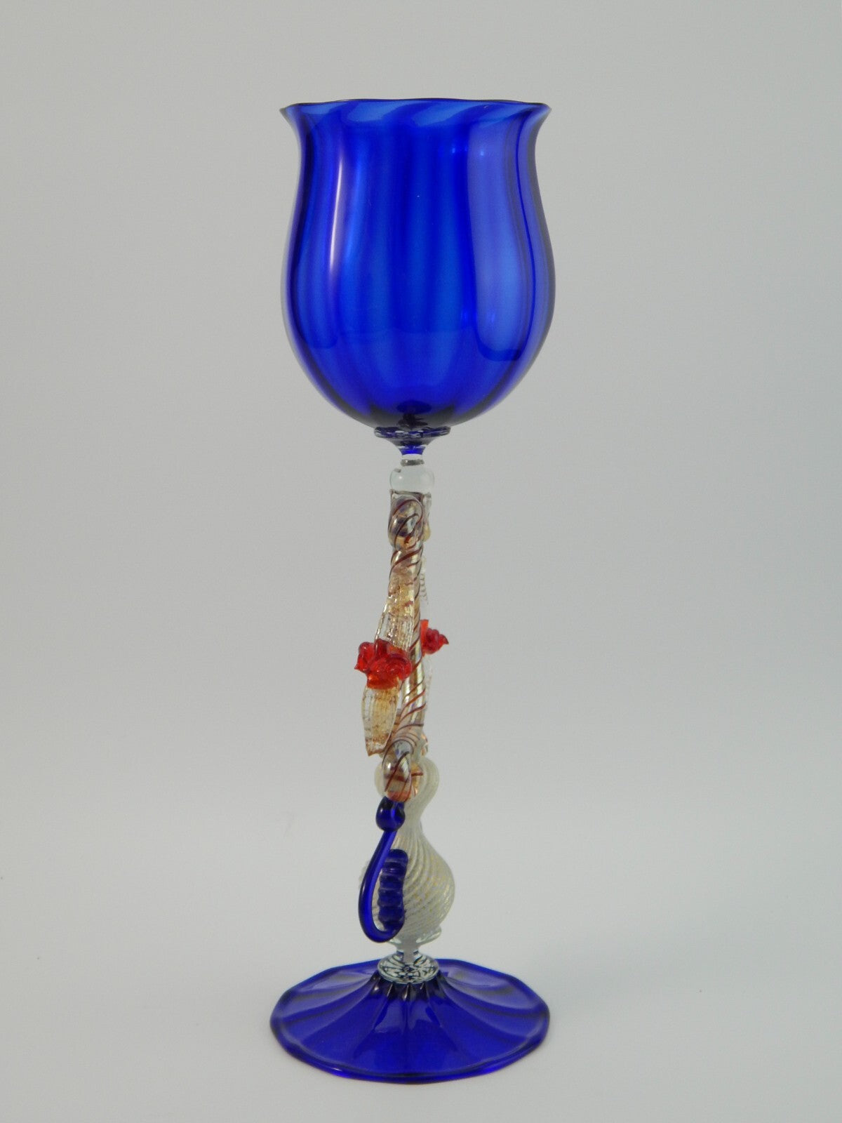 PREZIOSO MAESTOSO RARO TIPETTO CALICE MURANO VETRO BLU COBALTO SOFFIATO H. 32 CM