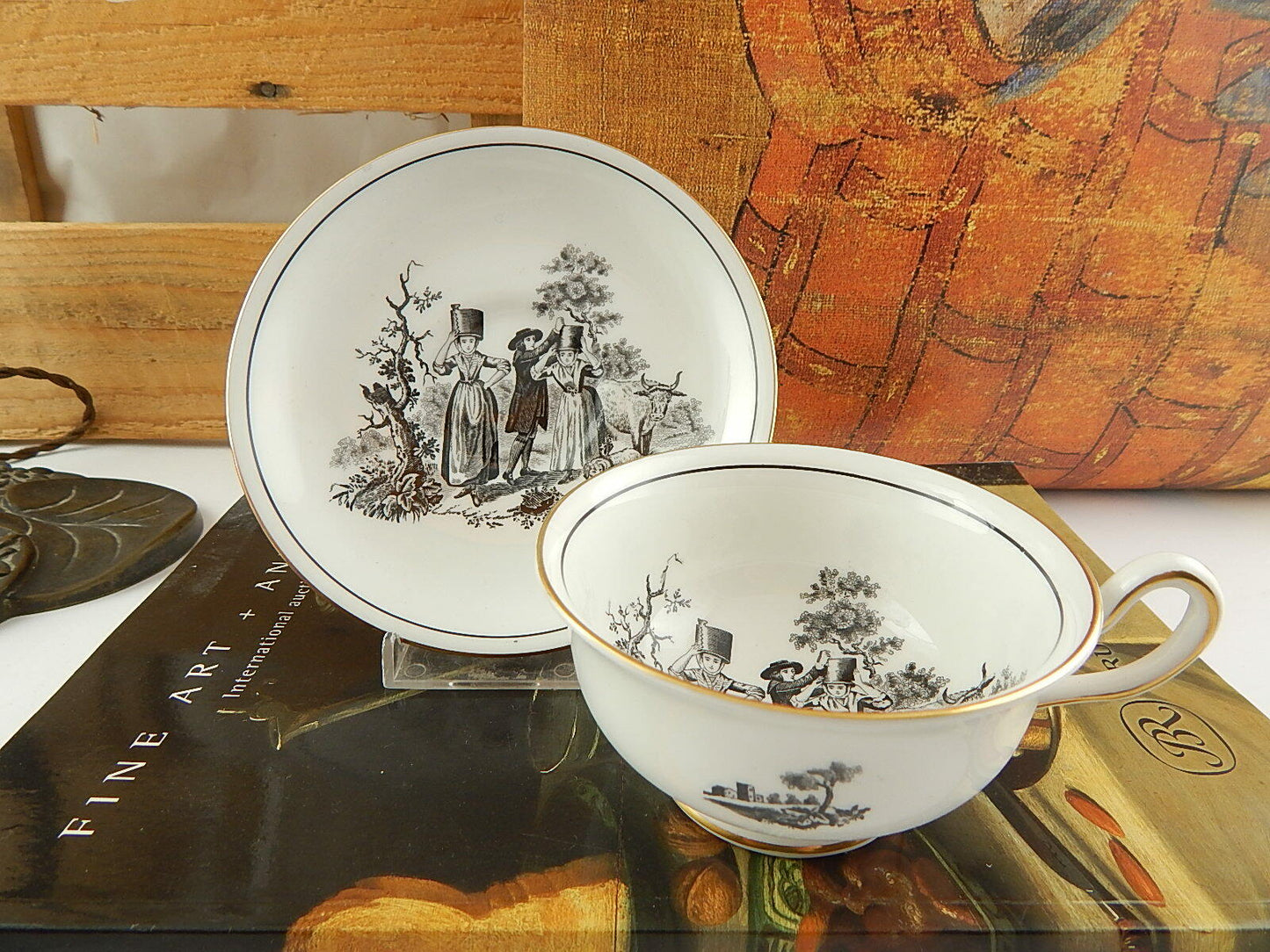 ANTICO RARO SET TAZZA TÈ PORCELLANA INGLESE ROYAL CHELSEA H. FENNELL PASTORALE