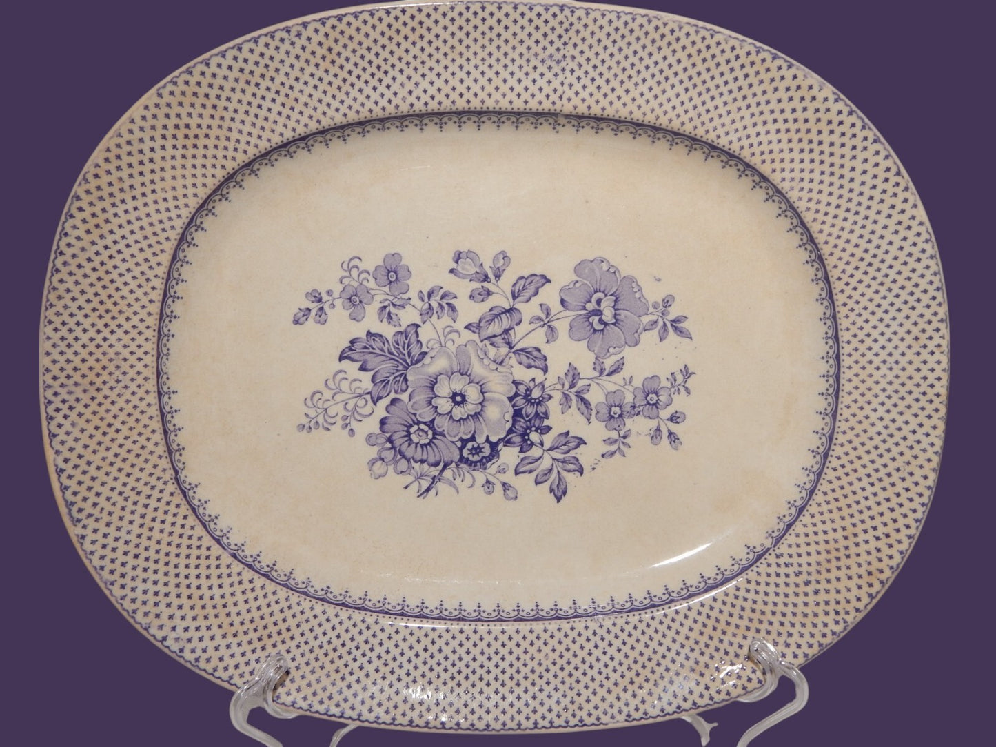 ANTICO VASSOIO CERAMICA STAFFORDSHIRE PRIMAVESI 1860 ERMINE BORDER VIOLA #