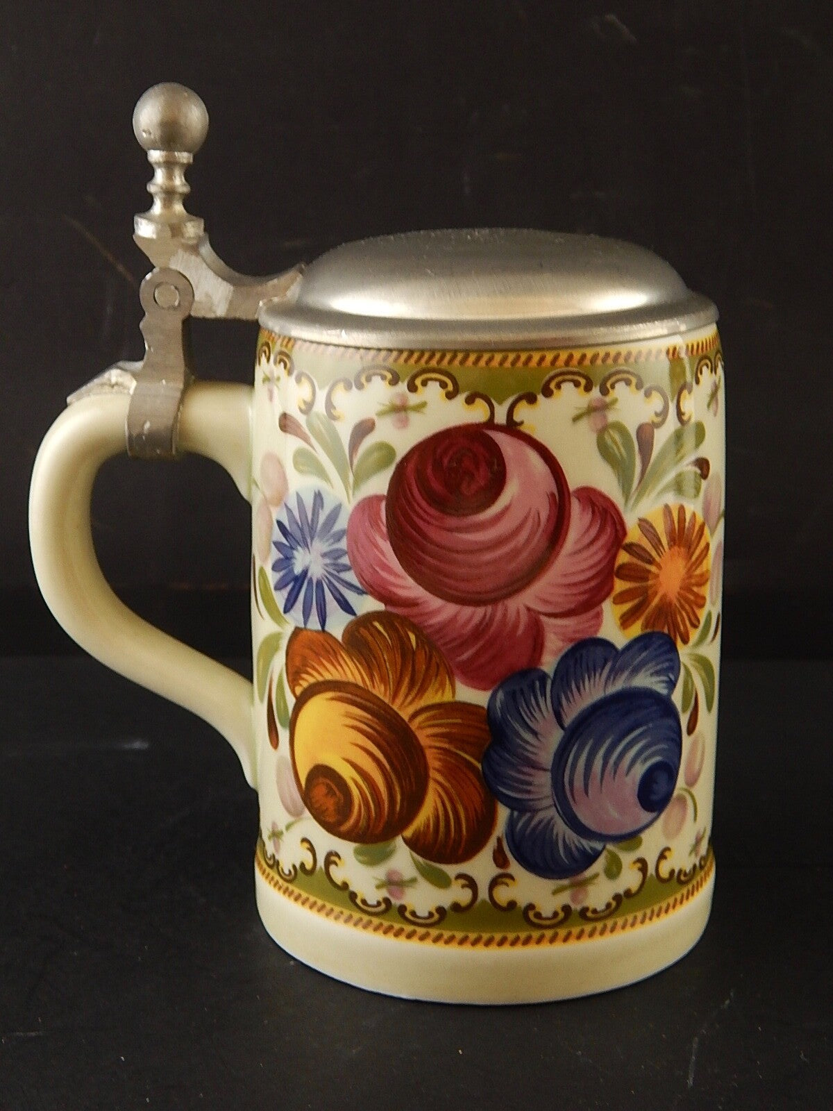 ANTICO COLLEZIONE RARO BOCCALE BIRRA CERAMICA TIRSCHENREUTH BAVARIA DECORO MANO