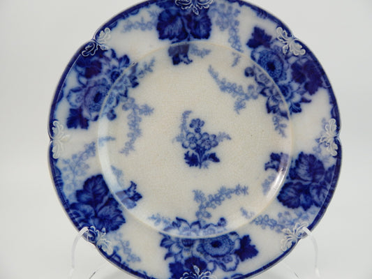 RARO ANTICO PIATTO PORCELLANA FLOW BLUE 1800 DECORO FLOREALE MARK COAT OF ARMS