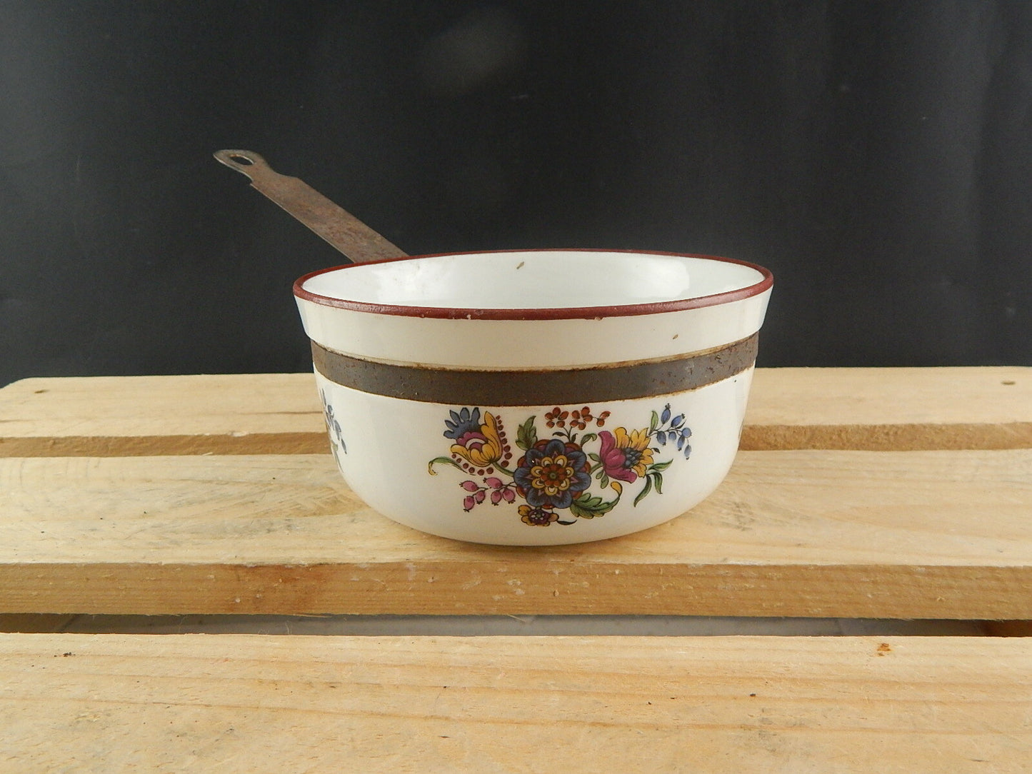 ANTICO RARISSIMO TEGAME PENTOLINO CERAMICA SMALTATA DECORO FLOREALE COLLEZIONE