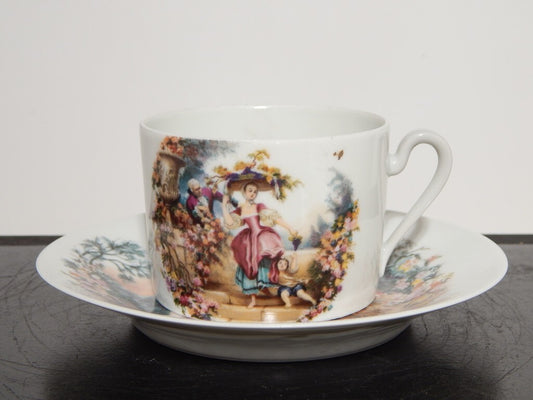 ANTICA PRIMA META' 900 LIMOGES TAZZA TE' PORCELLANA BIANCA CON SCENA GALANTE