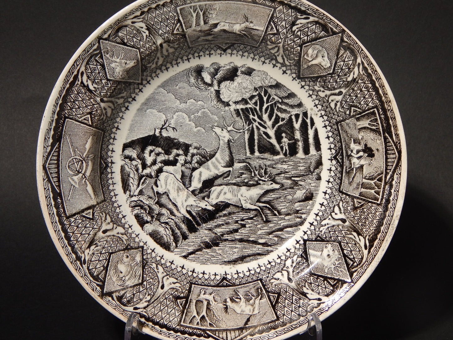 ANTICO RARO PIATTO CACCIA AL CERVO CERAMICA TURRITA LIVORNO MENICANTI FINE 800