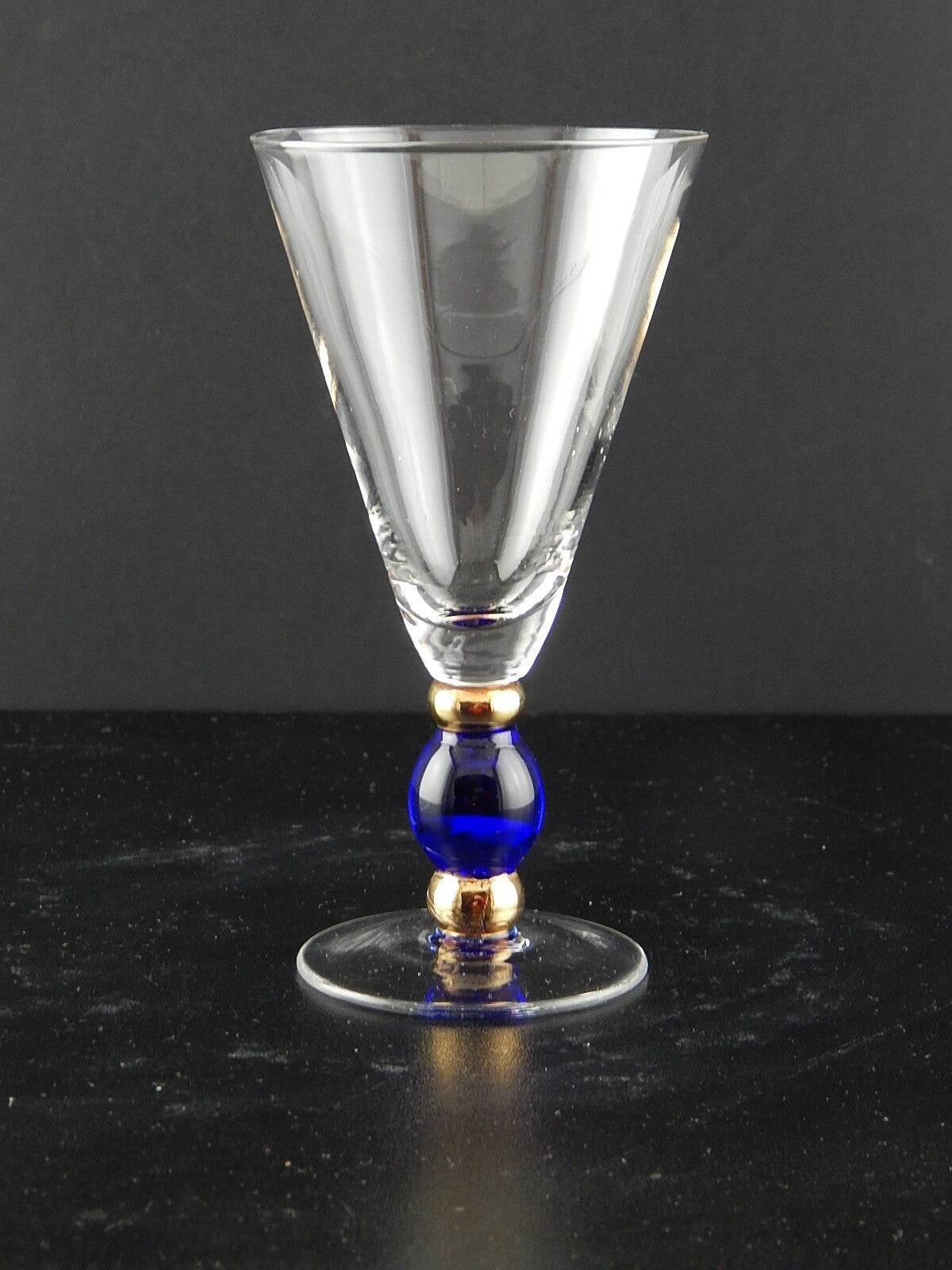 ANTICO ART DECO PREZIOSO CALICE VETRO SOFFIATO MURANO BLU COBALTO ORO