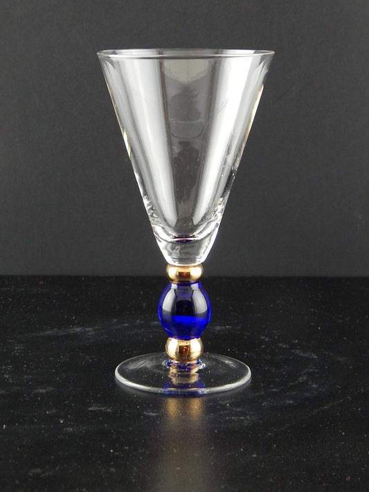 ANTICO ART DECO PREZIOSO CALICE VETRO SOFFIATO MURANO BLU COBALTO ORO