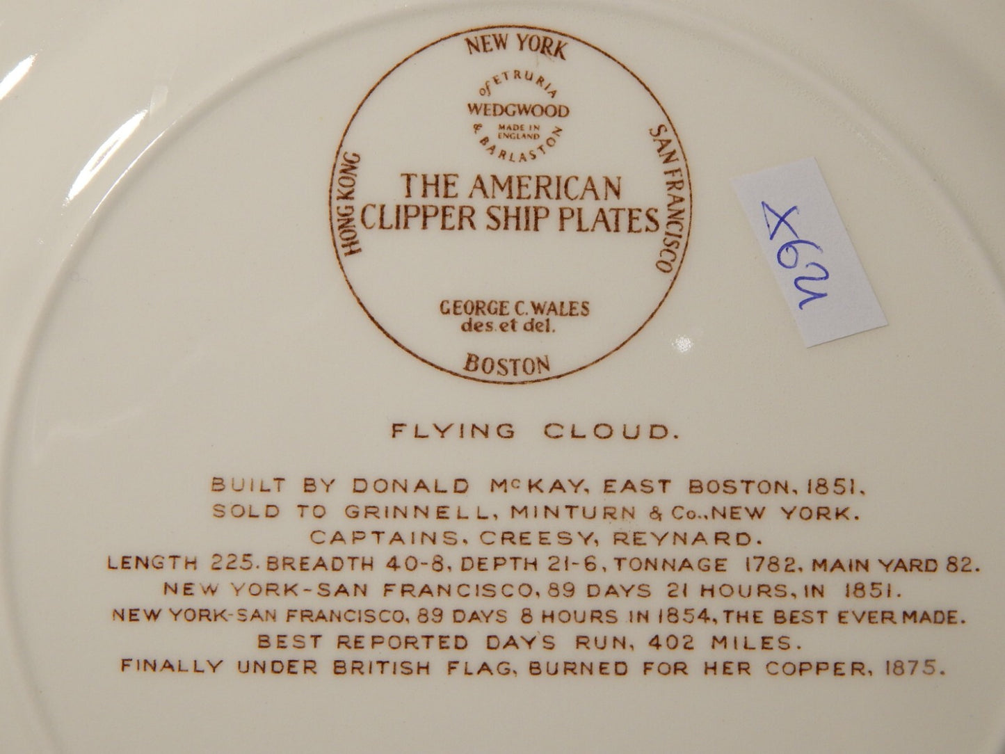 VINTAGE PIATTO PORCELLANA WEDGWOOD THE AMERICAN CLIPPER SHIP PLATES FLYING CLOUD
