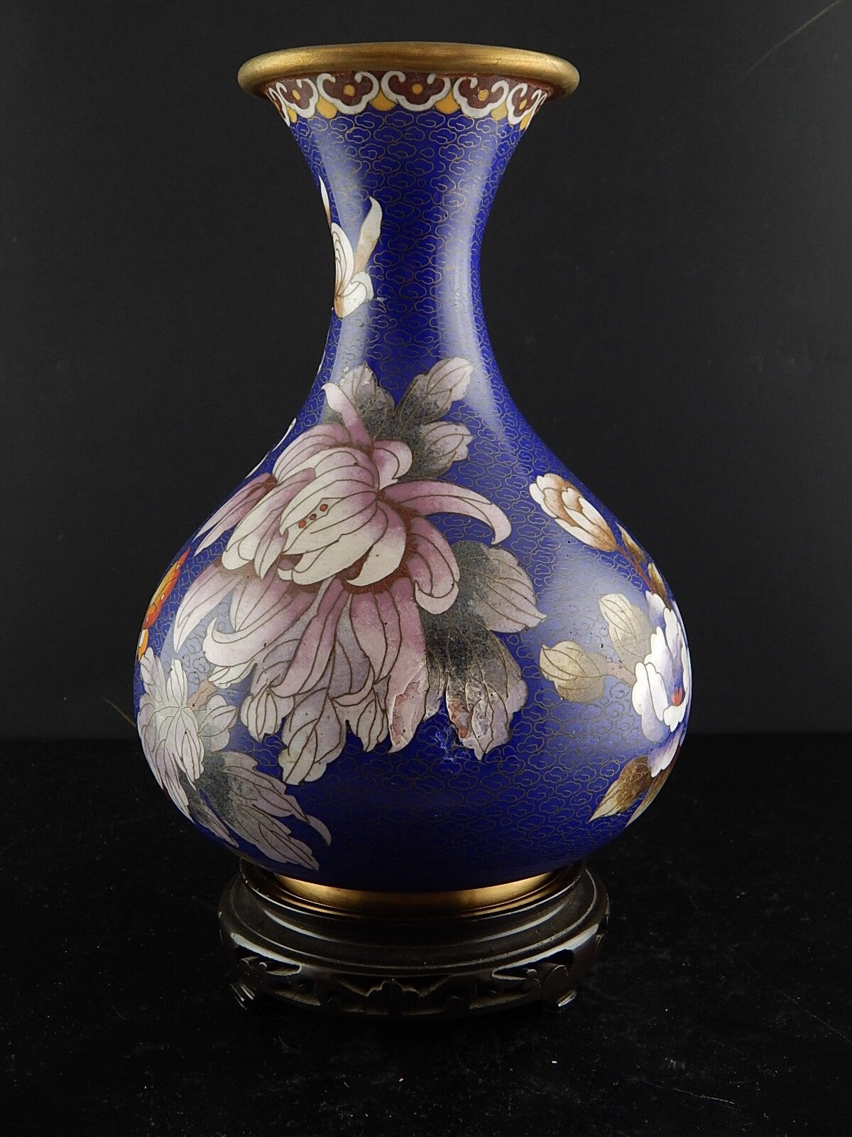 VINTAGE PREZIOSO VASO ORIENTALE CLOISONNE LUSTRO BISANZIO CRISANTEMI FARFALLA