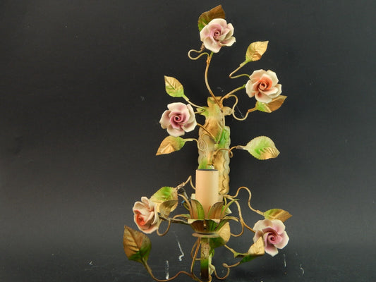 APPLIQUE 1 FUOCO ANTICA LIBERTY FERRO BATTUTO E ROSE CERAMICA POLICROME #1730