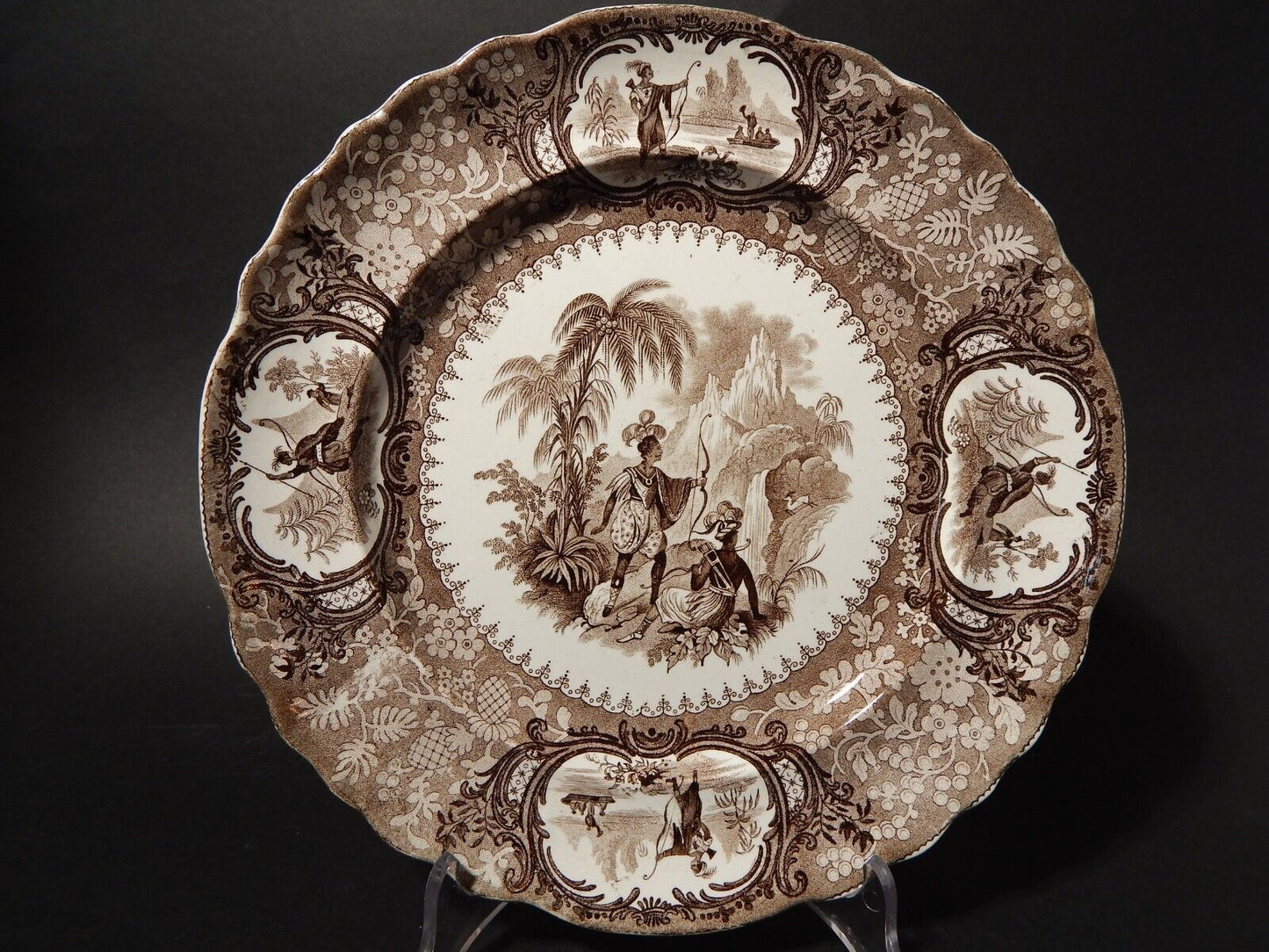 ANTICO RARO PIATTO CERAMICA INGLESE DEL 1839 PERUVIAN HUNTERS DI Goodwin & Ellis