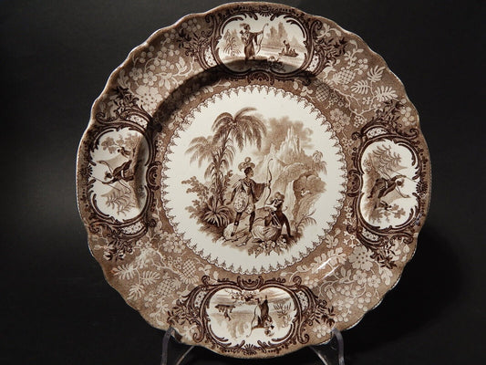 ANTICO RARO PIATTO CERAMICA INGLESE DEL 1839 PERUVIAN HUNTERS DI Goodwin & Ellis