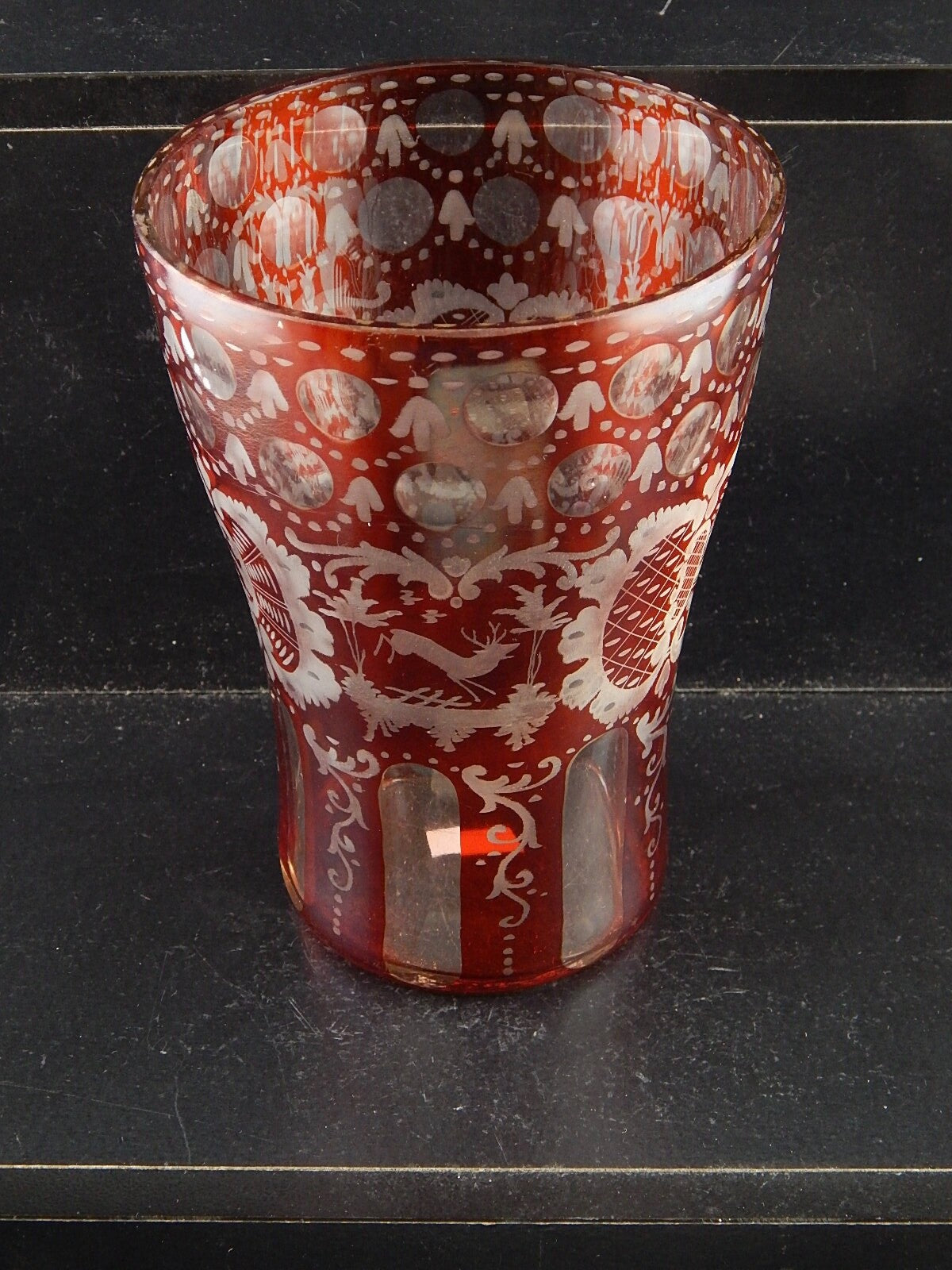 ANTICO PREZIOSO RARO VASO CRISTALLO DI BOEMIA RUBINO INCISO BIEDERMEIER #9347