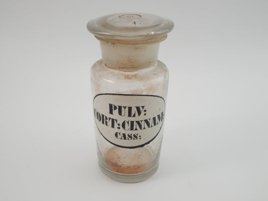 ANTICO VASO BARATTOLO VETRO SOFFIATO FARMACIA ETICHETTA PULV CORT CINNAM CASS