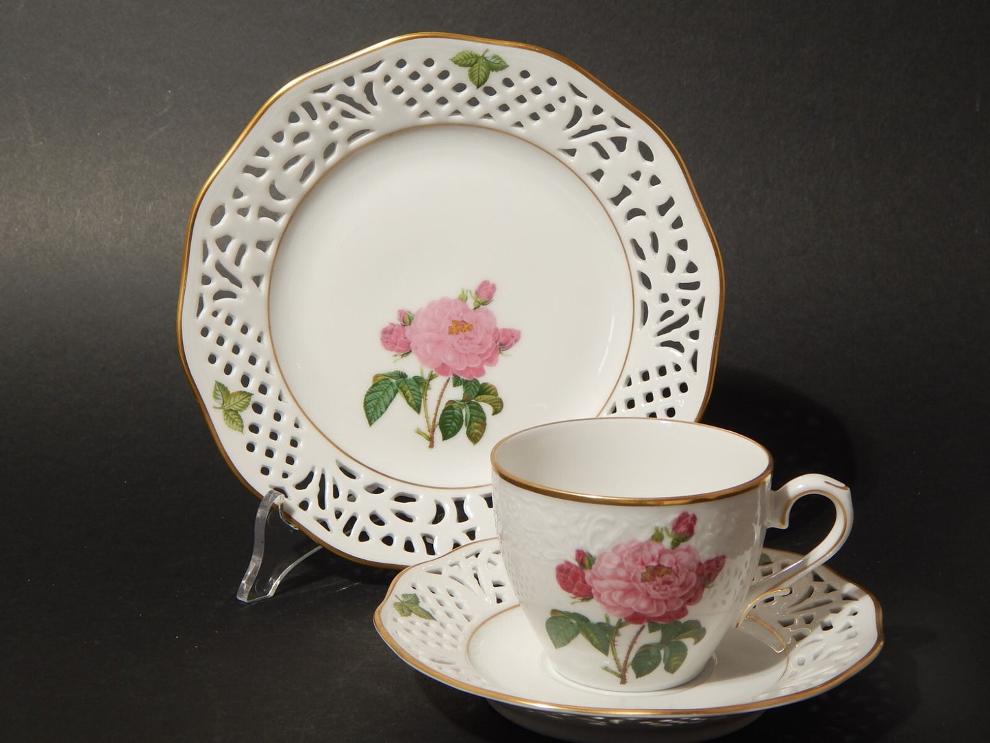 TRIO TAZZA PORCELLANA SCHUMANN BAVARIA PIERRE JOSEPH REDOUTE' ROSA GALLICA