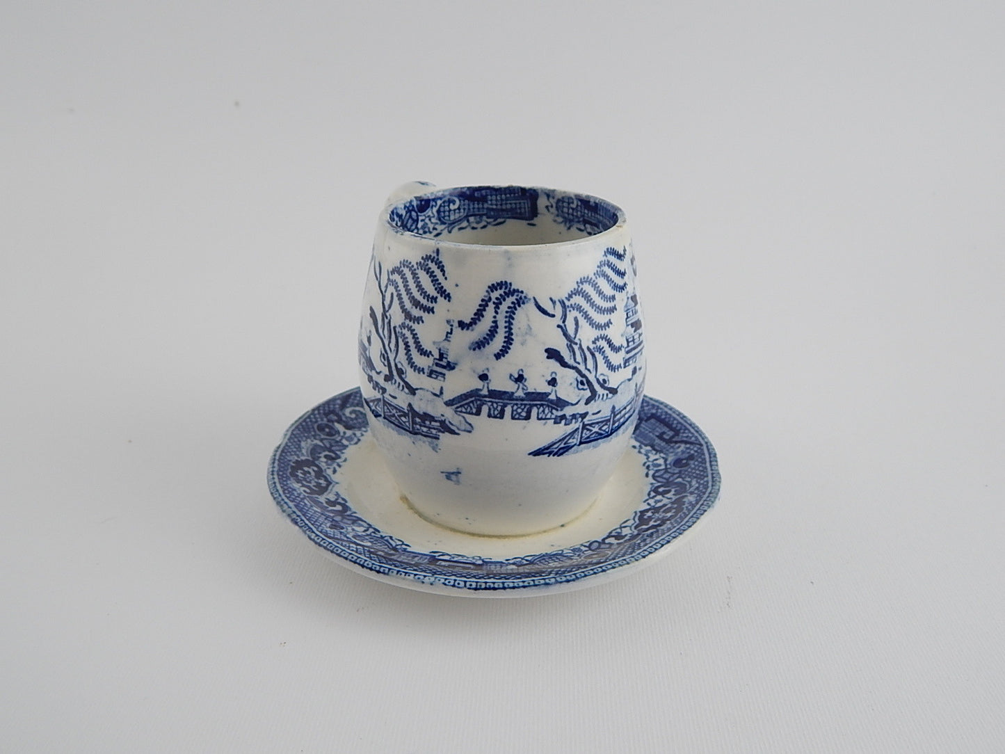 ANTICA MOSTARDIERA SALSIERA CERAMICA POTTERY INGLESE WILLOW COLONIALE META' 1800