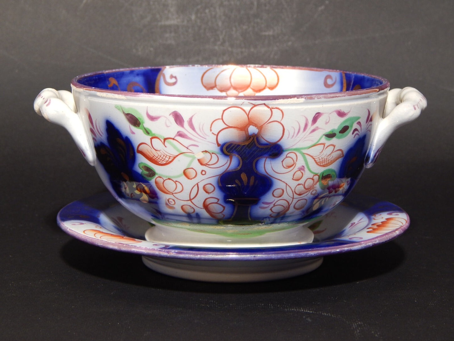 ANTICA RARA CERAMICA POTTERY STAFFORDSHIRE TAZZA PUERPERA BRODO DECORO POLICROMO