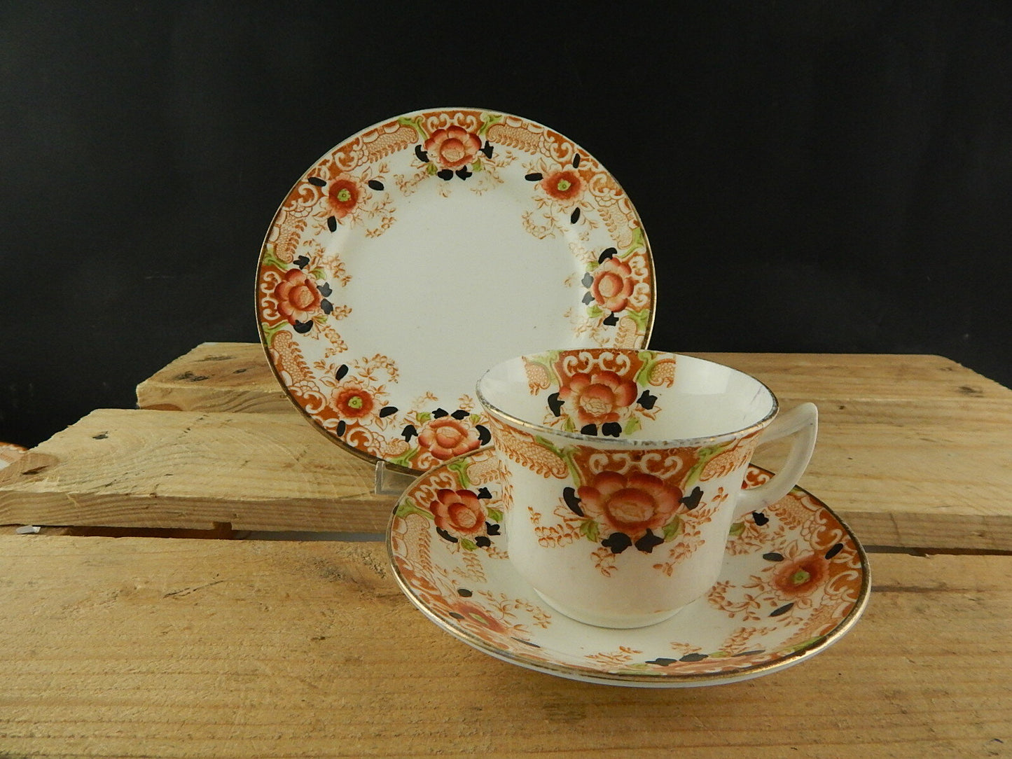 ANTICO PREZIOSO TRIO TAZZA TÈ 2 PIATTI PORCELLANA INGLESE EPOCA VITTORIANA #5921