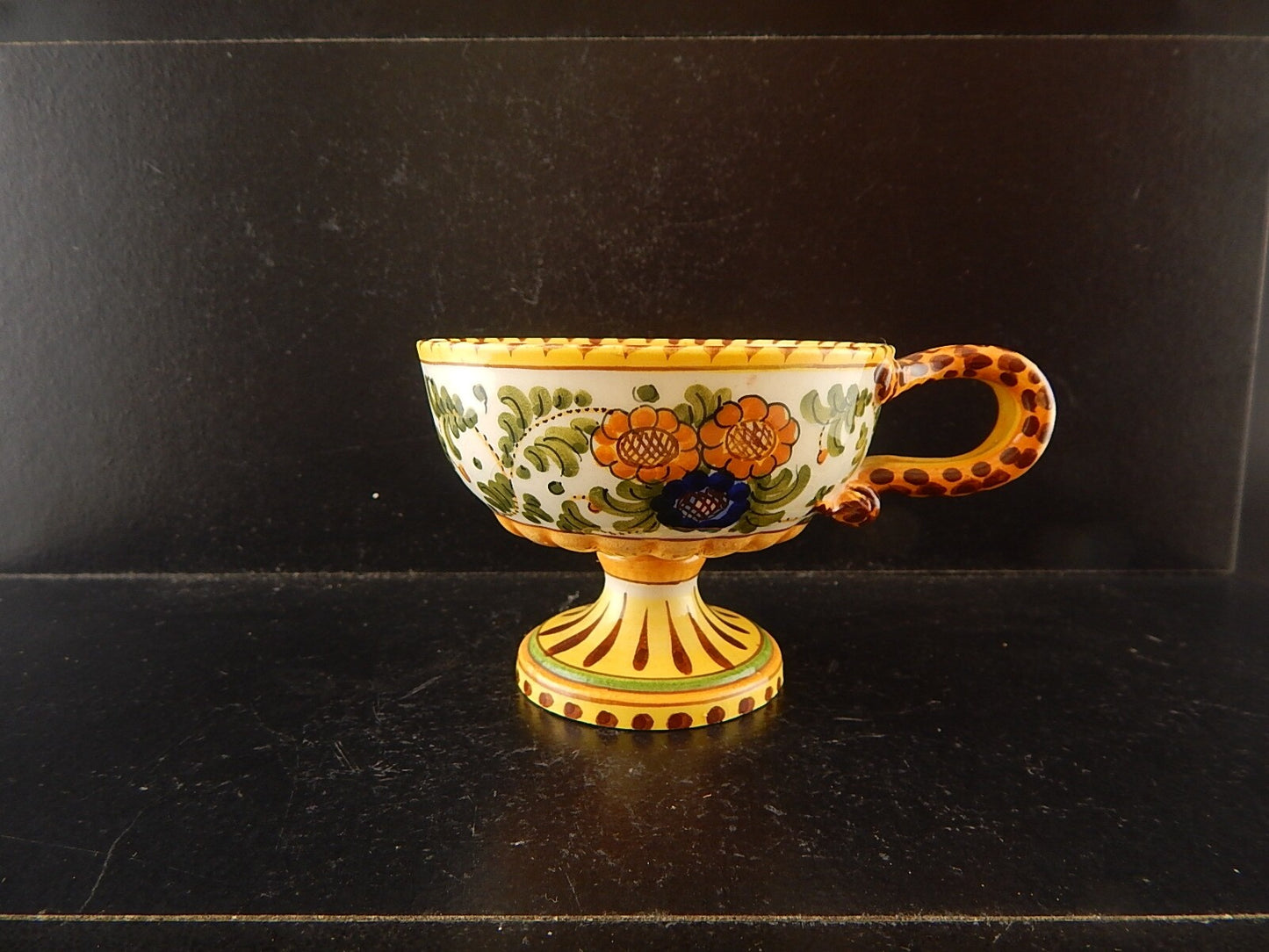 ANTICA TAZZA MAIOLICA CERAMICA POLICROMA FANTECHI ANSA A SERPE PRIMO 900 #8933
