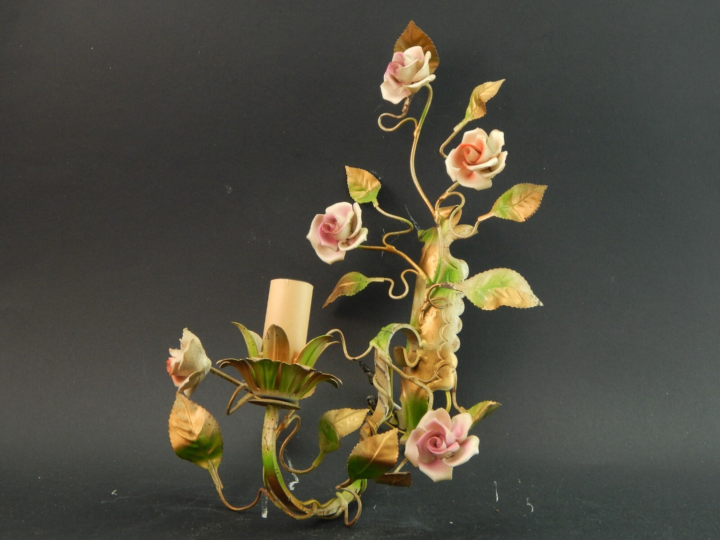 APPLIQUE 1 FUOCO ANTICA LIBERTY FERRO BATTUTO E ROSE CERAMICA POLICROME #1730