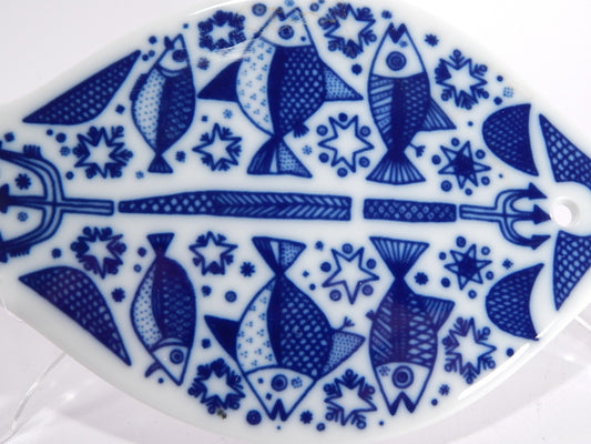 VINTAGE PIASTRELLA TILE FISH PORCELAIN PORCELLANA PESCE PORSGRUND BIANCO BLU