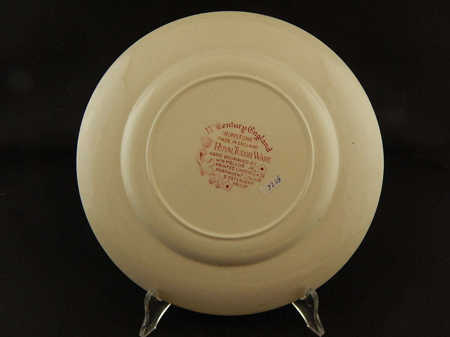 CERAMICA VINTAGE PIATTO ROYAL TUDOR STAMPATO A MANO DA MELLOR BIANCO-ROSSO