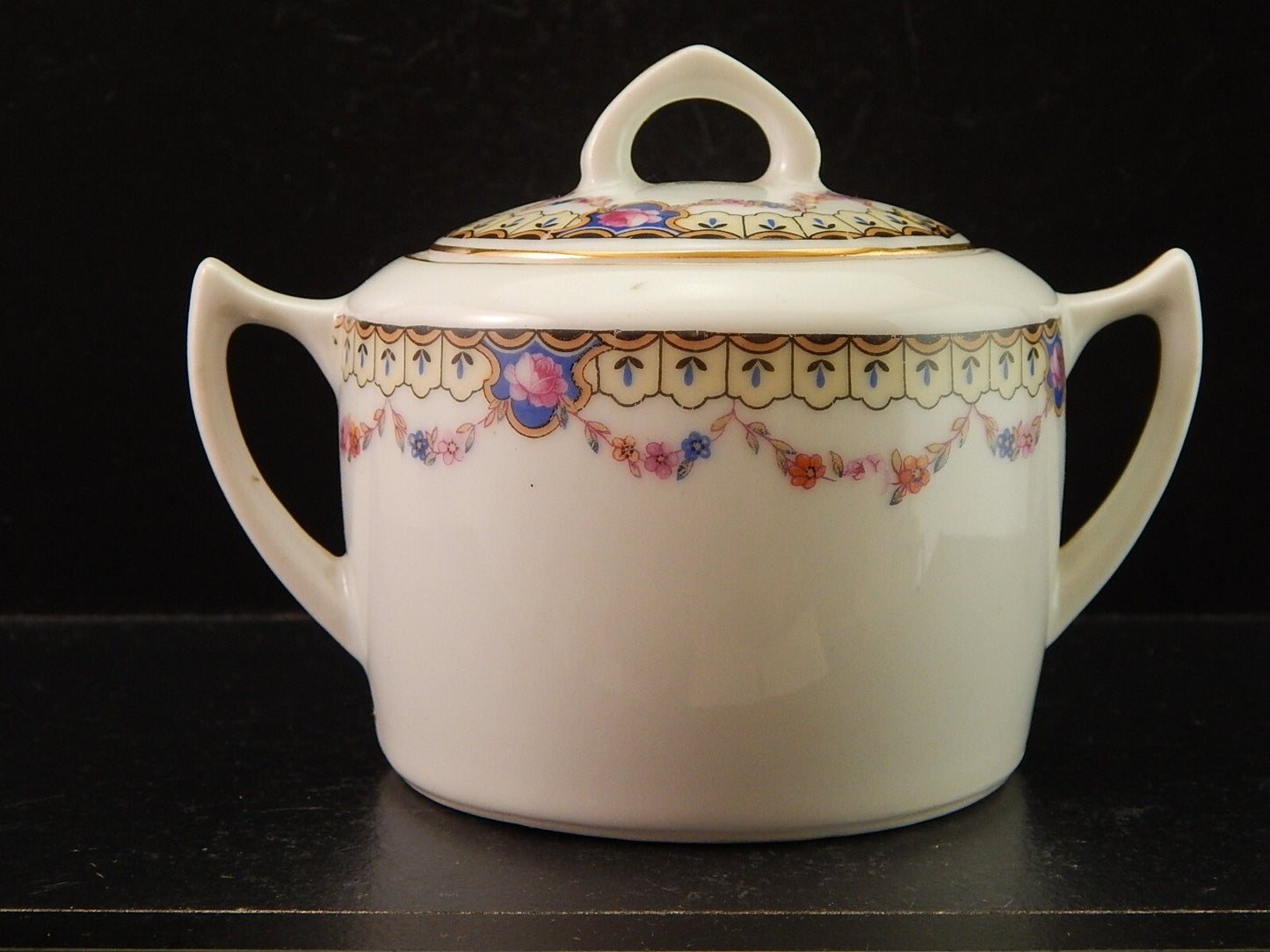 ANTICA ART DECO ZUCCHERIERA PORCELLANA BOEMA DECORO A GHIRLANDA DIFETTO