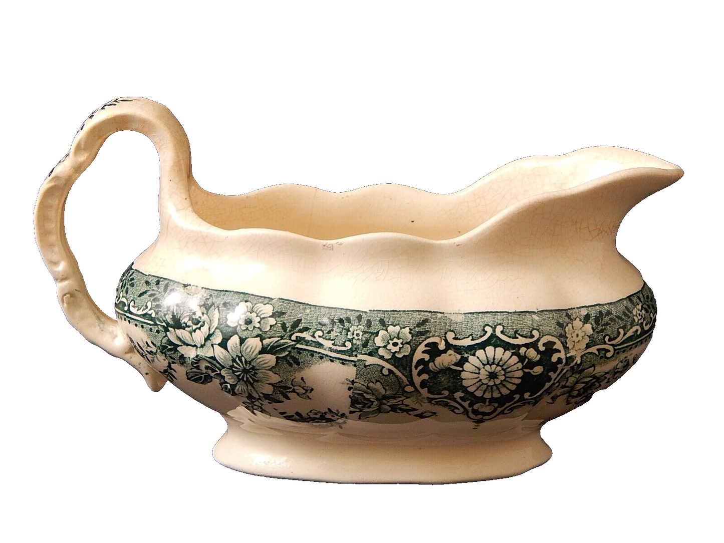 ANTICA SALSIERA INGLESE CERAMICA POTTERY VITTORIANA META' 800 DECORO IN VERDE