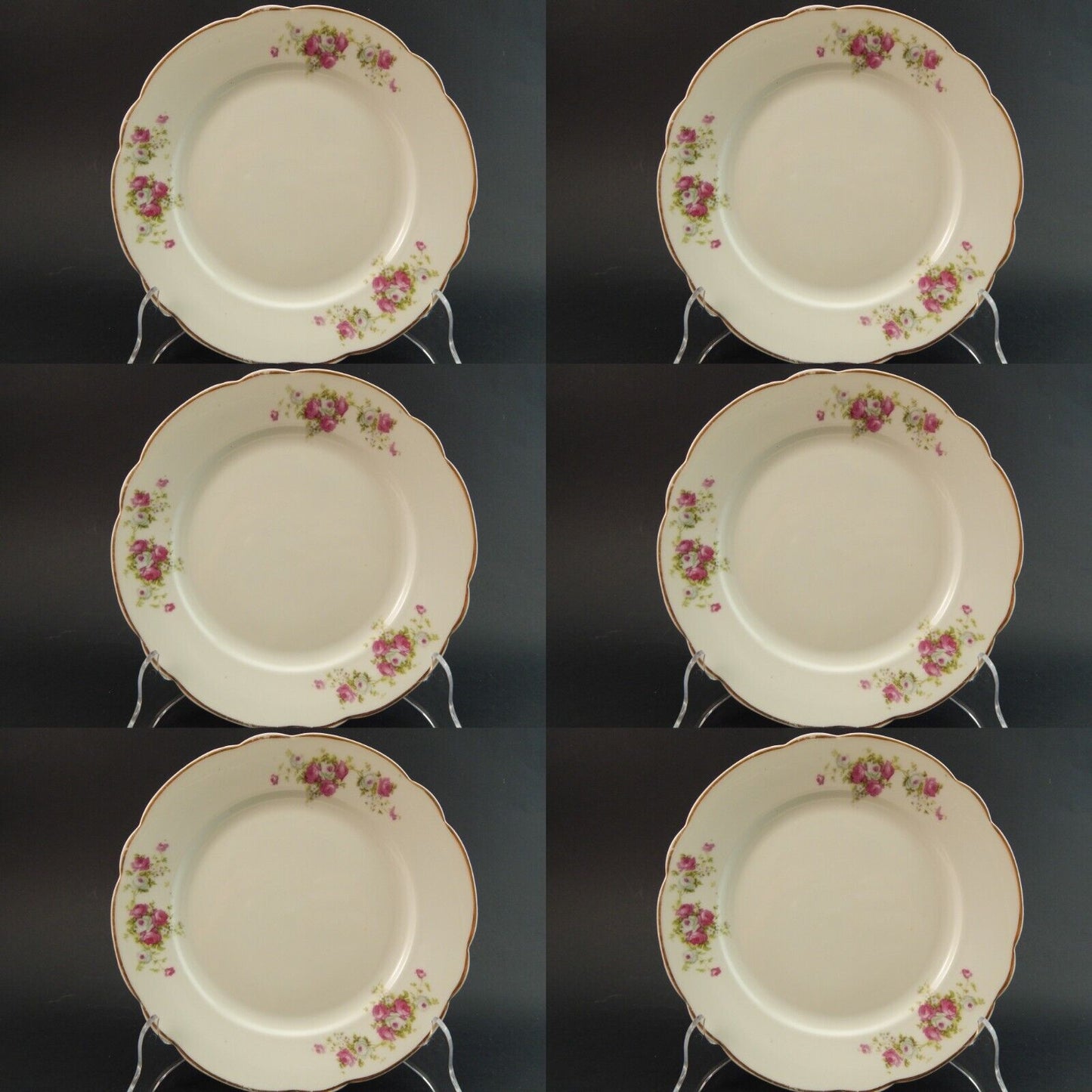 ANTICO RARO LIMOGES SERVIZIO 6 PIATTI PIANI PORCELLANA FINE 800 BOUQUET DI ROSE