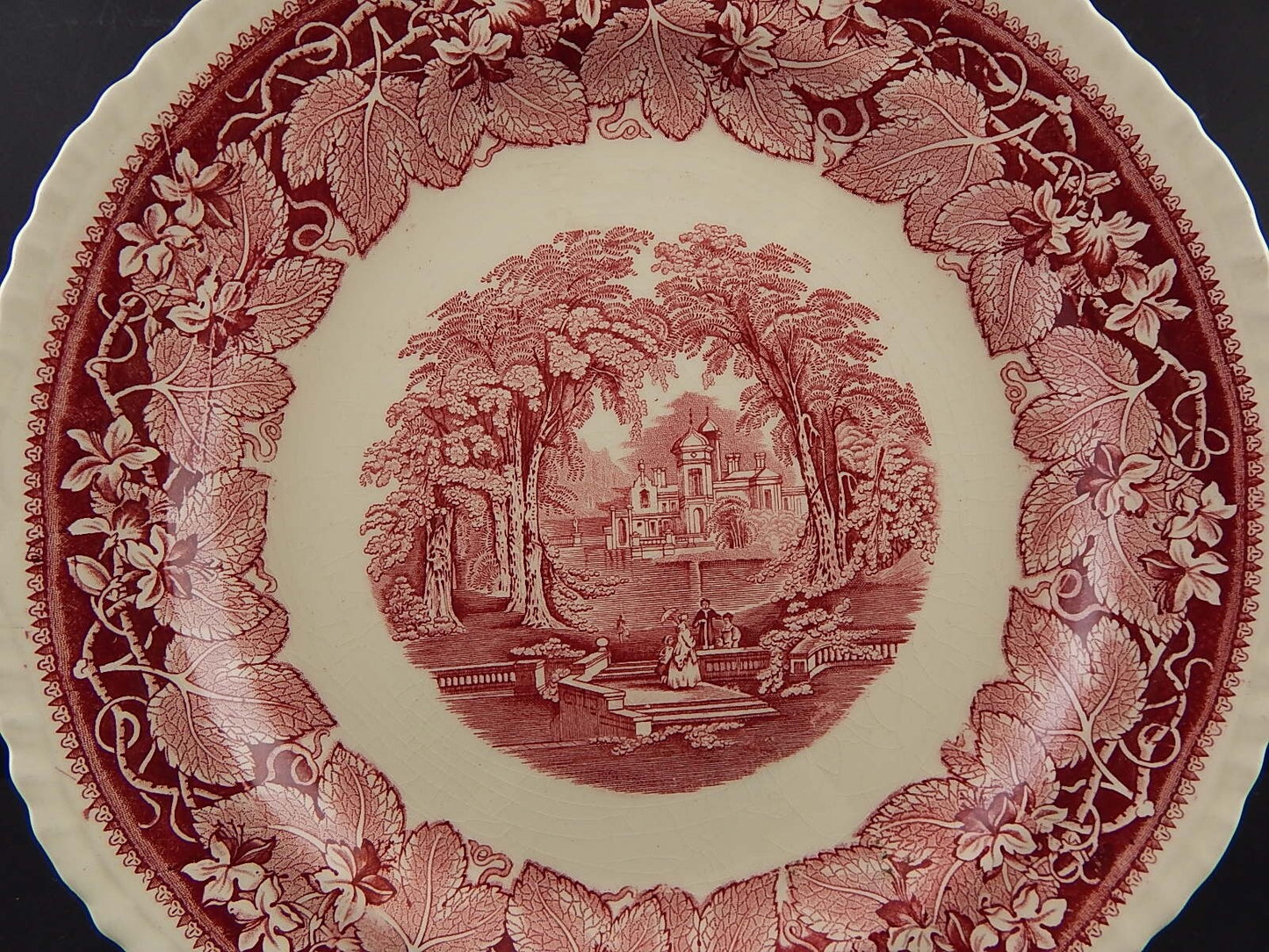 ANTICO PIATTO VASSOIO ROTONDO CERAMICA INGLESE MASON’S DECORO VISTA BIANCO ROSSO