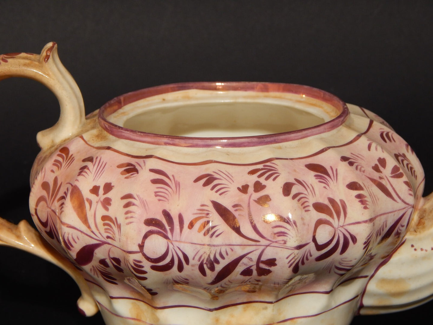 ANTICA GEORGIANA TEIERA PORCELLANA LUSTRO ROSA STAFFORDSHIRE PRIMA META' 1800