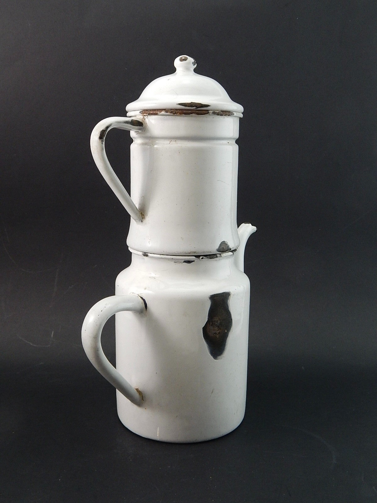 ANTICA CAFFETTIERA LATTA SMALTATA PORCELLANATA BIANCA DUE LEONI BASSANO