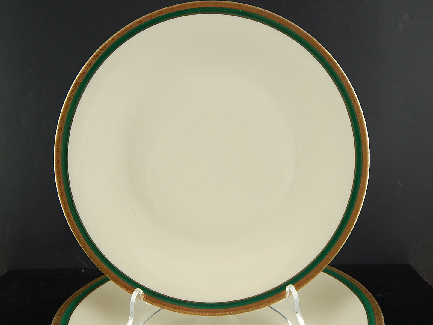 RETRO ELEGANTE SET 6 PIATTI PIANI IMPERO PORCELLANA BAVARIA AVORIO SMERALDO ORO