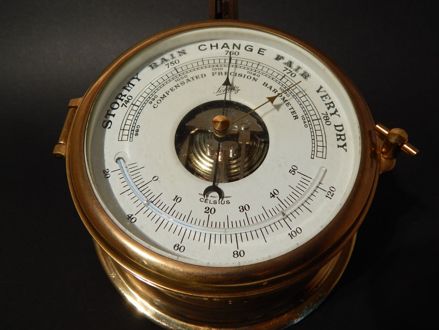 VINTAGE BAROMETRO ANEROIDE ROYAL MARINER SCHATZ OTTONE E VETRO WEST GERMANY