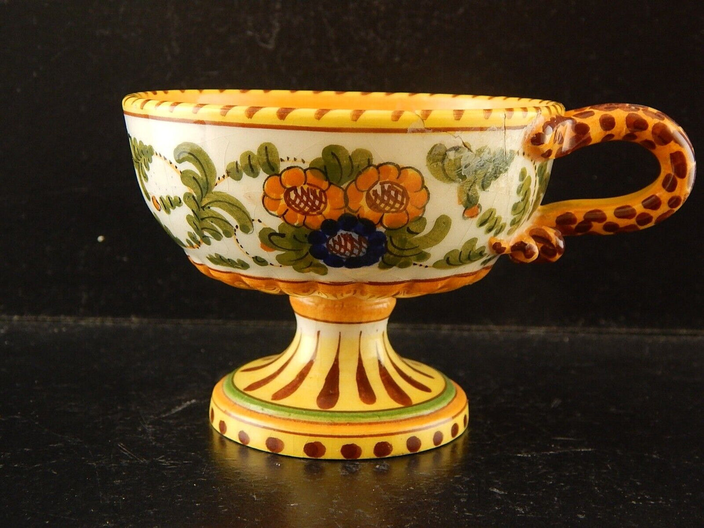 ANTICA TAZZA MAIOLICA CERAMICA POLICROMA FANTECHI ANSA A SERPE PRIMO 900 #8905