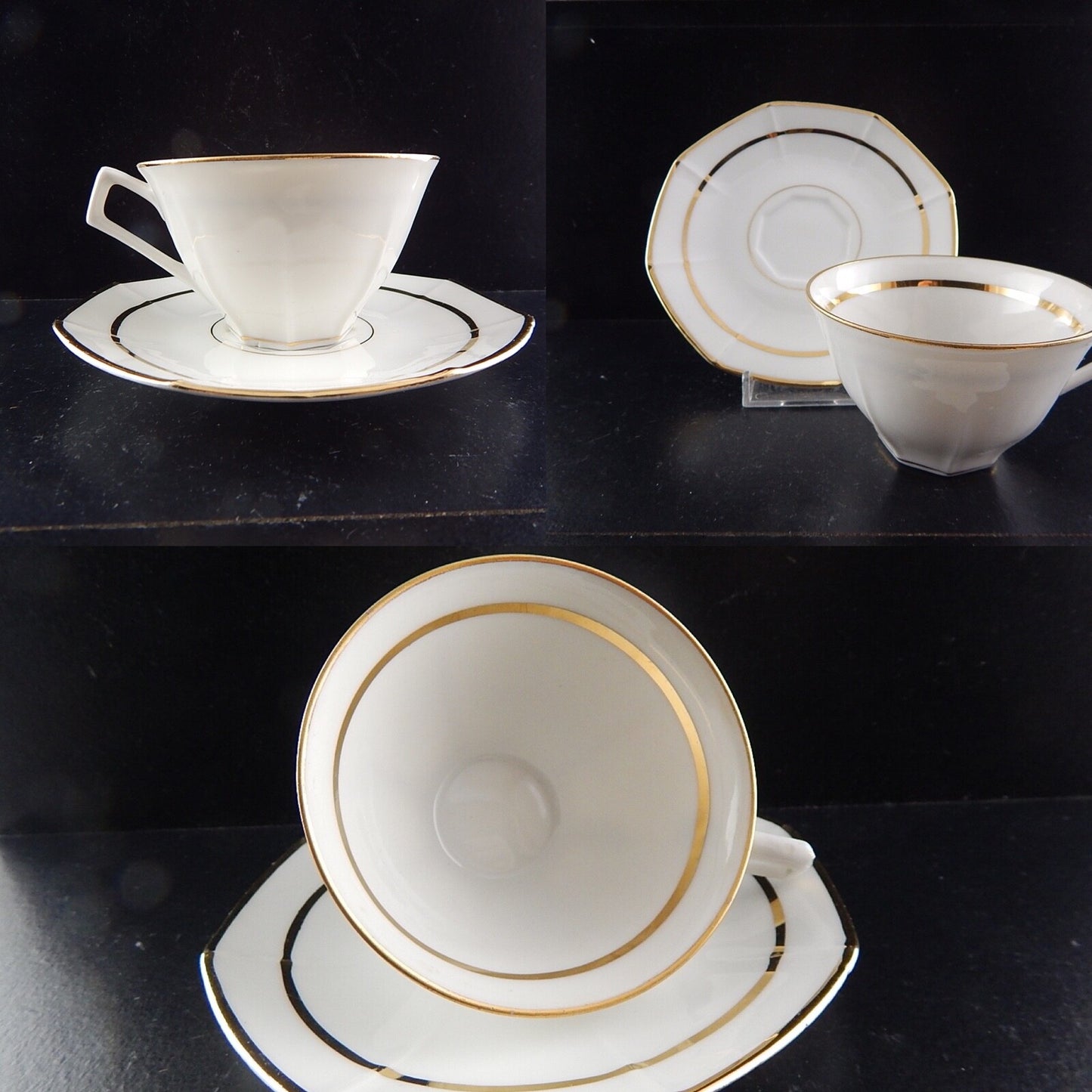 ANTICA TAZZA CAFFÈ CON PIATTINO ART DECO LIMOGES PORCELLANA BIANCA E ORO