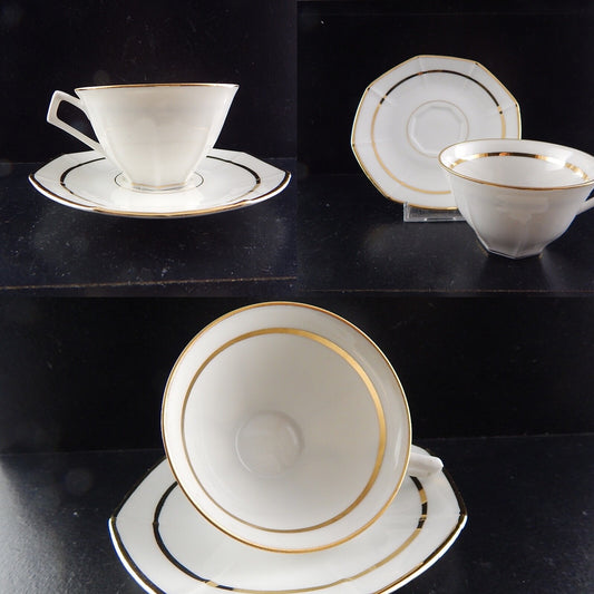ANTICA TAZZA CAFFÈ CON PIATTINO ART DECO LIMOGES PORCELLANA BIANCA E ORO