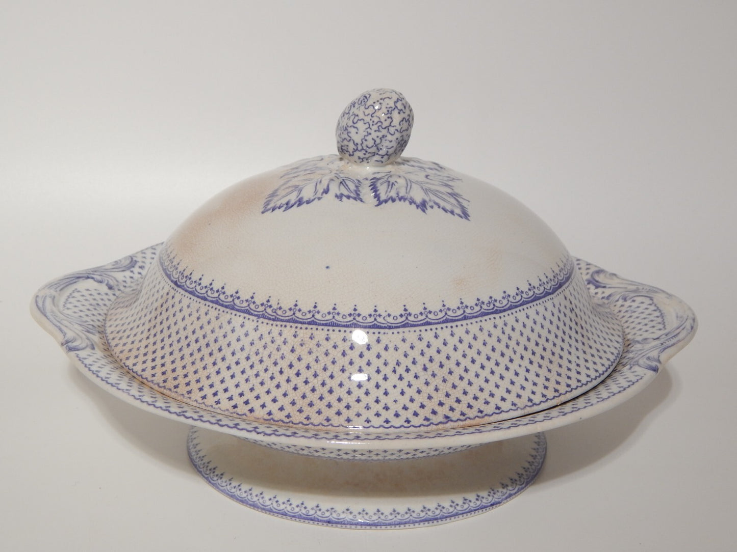 ANTICA LEGUMIERA CENTROTAVOLA CERAMICA INGLESE PRIMAVESI ERMINE BORDER VIOLA #