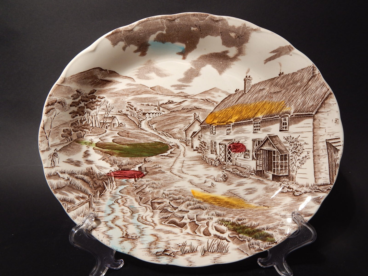 VINTAGE RARO VASSOIO OVALE FONDO CERAMICA W. H. GRINDLEY STAMPA MANO QUIET DAY