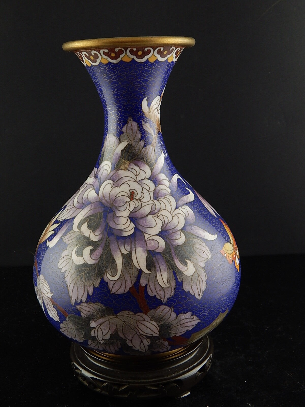 VINTAGE PREZIOSO VASO ORIENTALE CLOISONNE LUSTRO BISANZIO CRISANTEMI FARFALLA