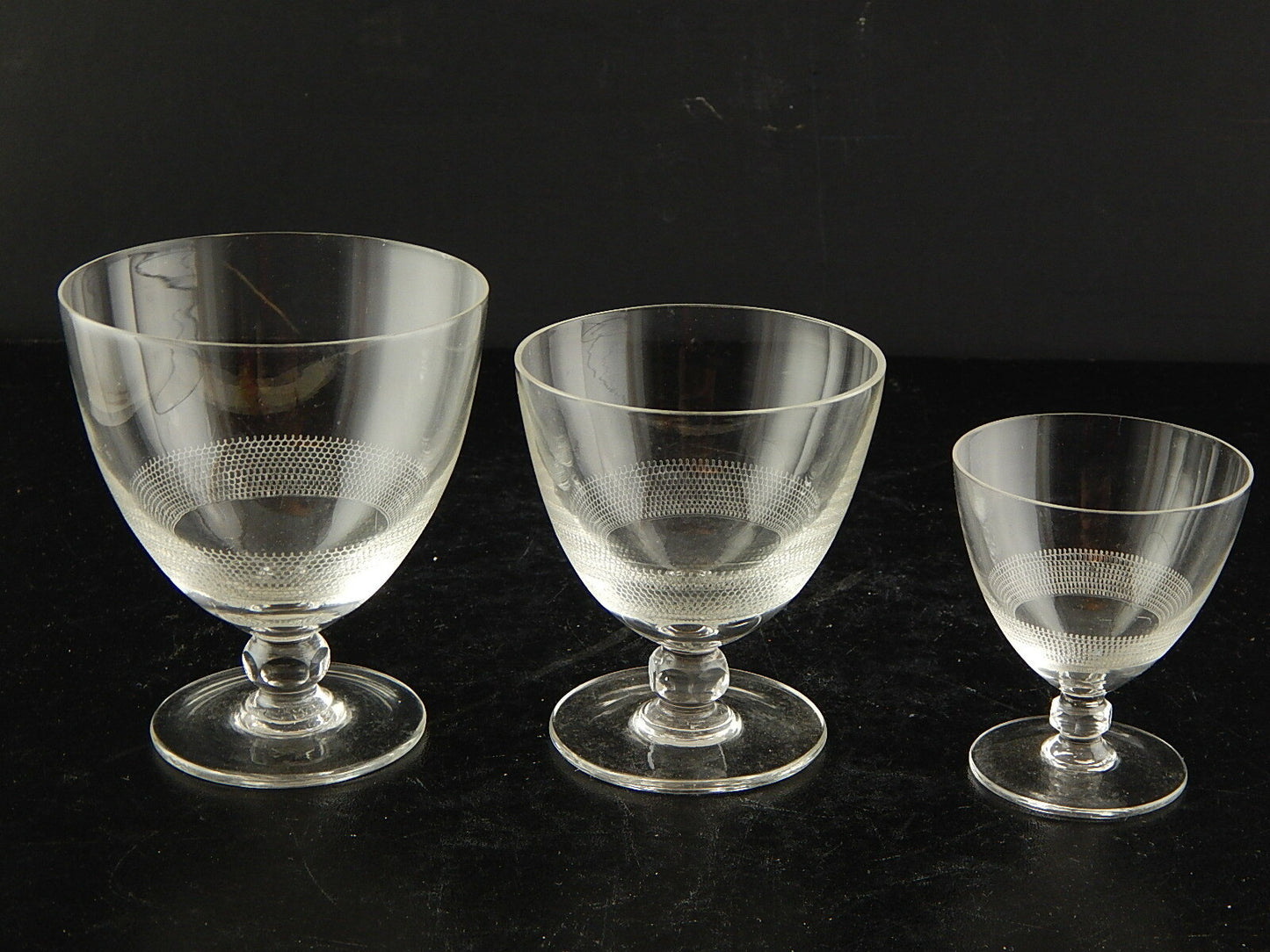 ANTICO ART DECO SET 3 BICCHIERI CALICI CRISTALLO CON DECORO SERIGRAFATO