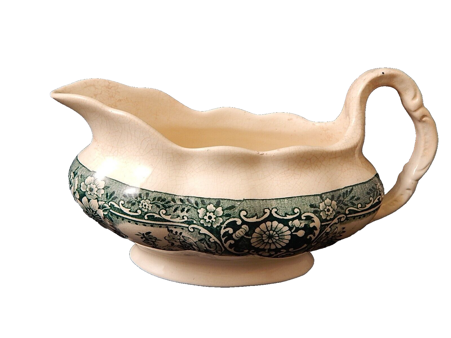 ANTICA SALSIERA INGLESE CERAMICA POTTERY VITTORIANA META' 800 DECORO IN VERDE