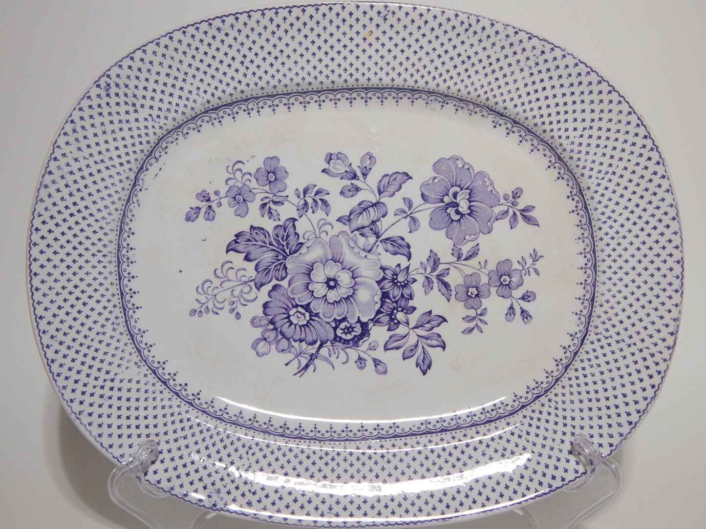 ANTICO RARO VASSOIO CERAMICA STAFFORDSHIRE PRIMAVESI 1860 ERMINE BORDER VIOLA